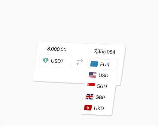 Currency converter showing 8,000 USDT exchanged to 7,355.084 EUR, with a dropdown menu listing USD, SGD, GBP, and HKD options.