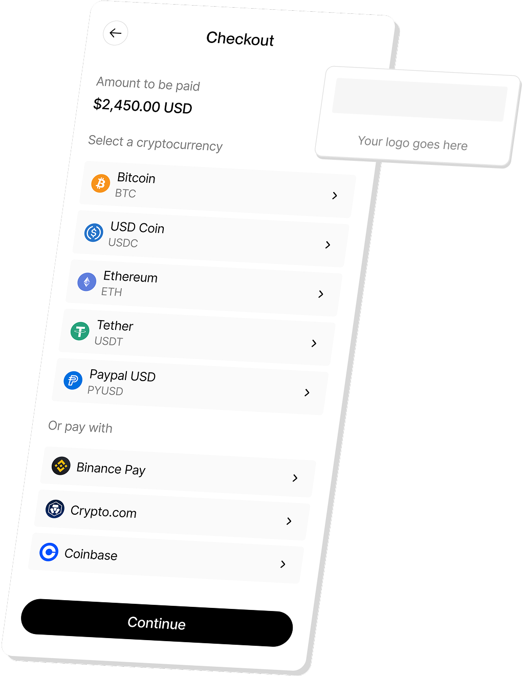 Checkout screen showing the amount to be paid of $2,450.00 USD, with options to select Bitcoin, USD Coin, Ethereum, Tether, PayPal USD, and other payment methods.
