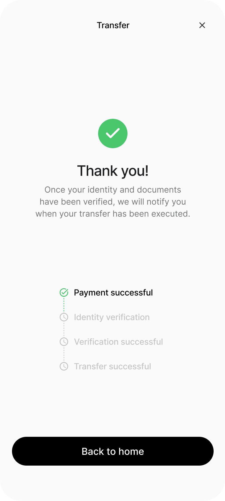 Checkout screen with a green checkmark icon and text stating payment complete and successful transfer.
