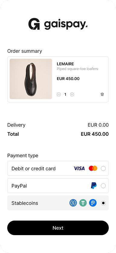 Checkout screen showing order summary for a Louis Vuitton Neverfull MM handbag priced at $2,130 with quantity selector and payment options bank transfer, credit/debit card, and stablecoins selected.
