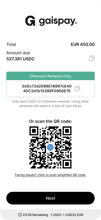 Checkout screen showing order summary for a Louis Vuitton Neverfull MM handbag priced at $2,130 with quantity selector and payment options bank transfer, credit/debit card, and stablecoins selected.
