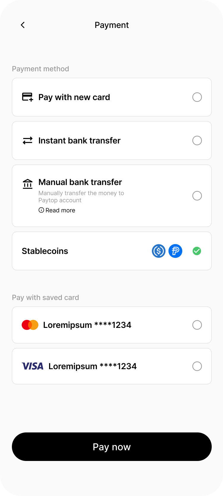 Checkout screen showing total $2,450.00 USD, amount due $2,450.00 USDT, Ethereum network payment address, QR code, and open in wallet button.