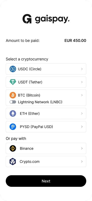 Checkout screen showing order summary for a Louis Vuitton Neverfull MM handbag priced at $2,130 with quantity selector and payment options bank transfer, credit/debit card, and stablecoins selected.